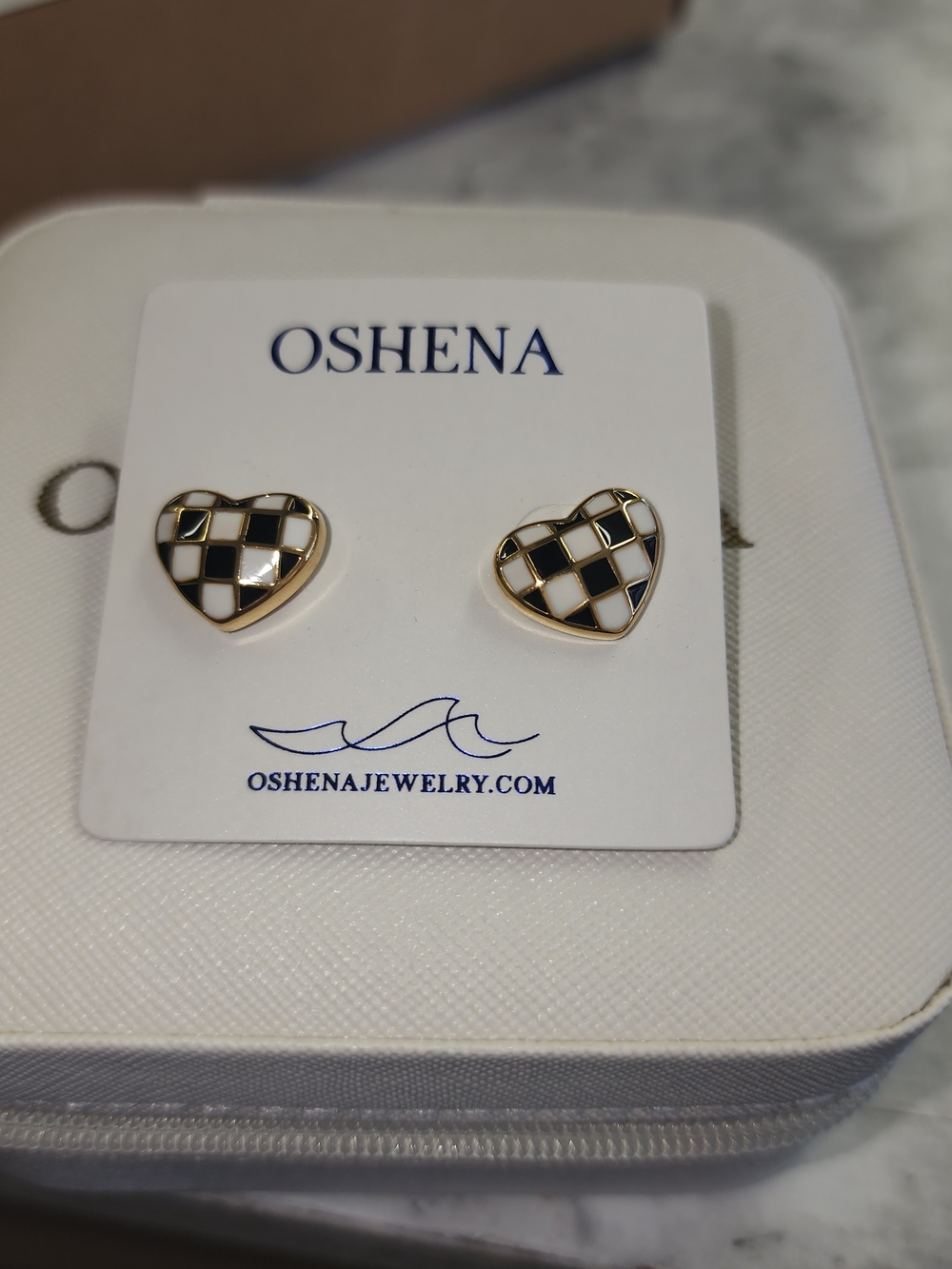 Oshena Black & White Checkered Heart Stud Earrings with Gold Trim